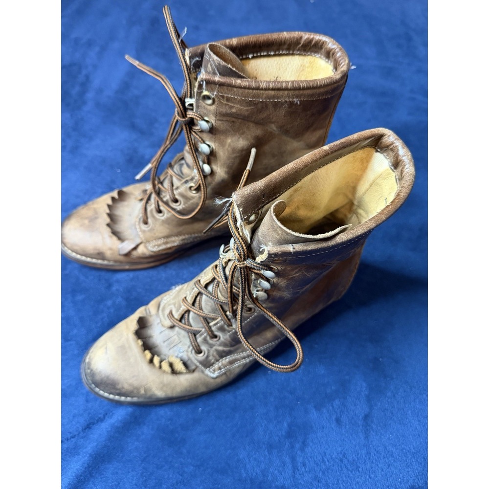 Vtg Laredo Leather Lace Up Roper Boots 7M Brown Western Kiltie Cowgirl 112